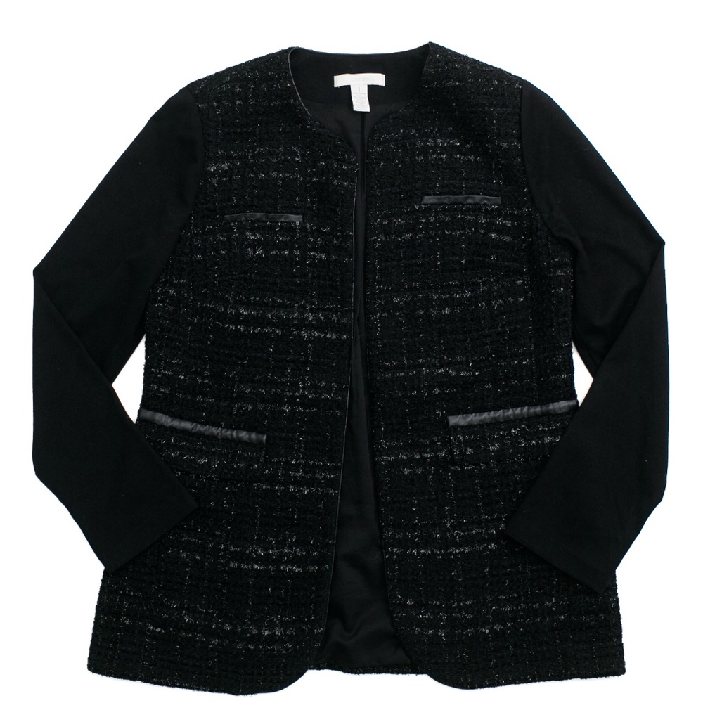 Chico’s Open Front Black Mixed Tweed Jacket, Size 1